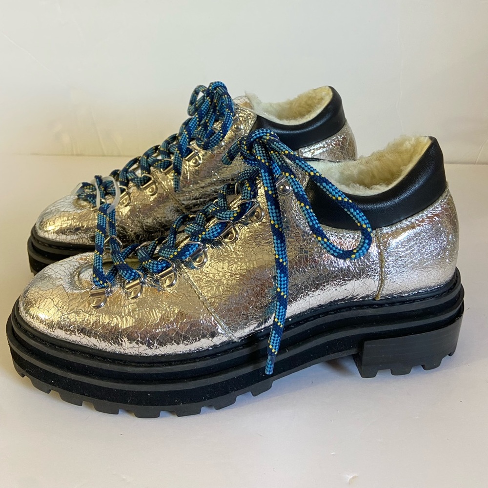 NEW Schutz Lucille silver metallic leather Sherpa lined booties